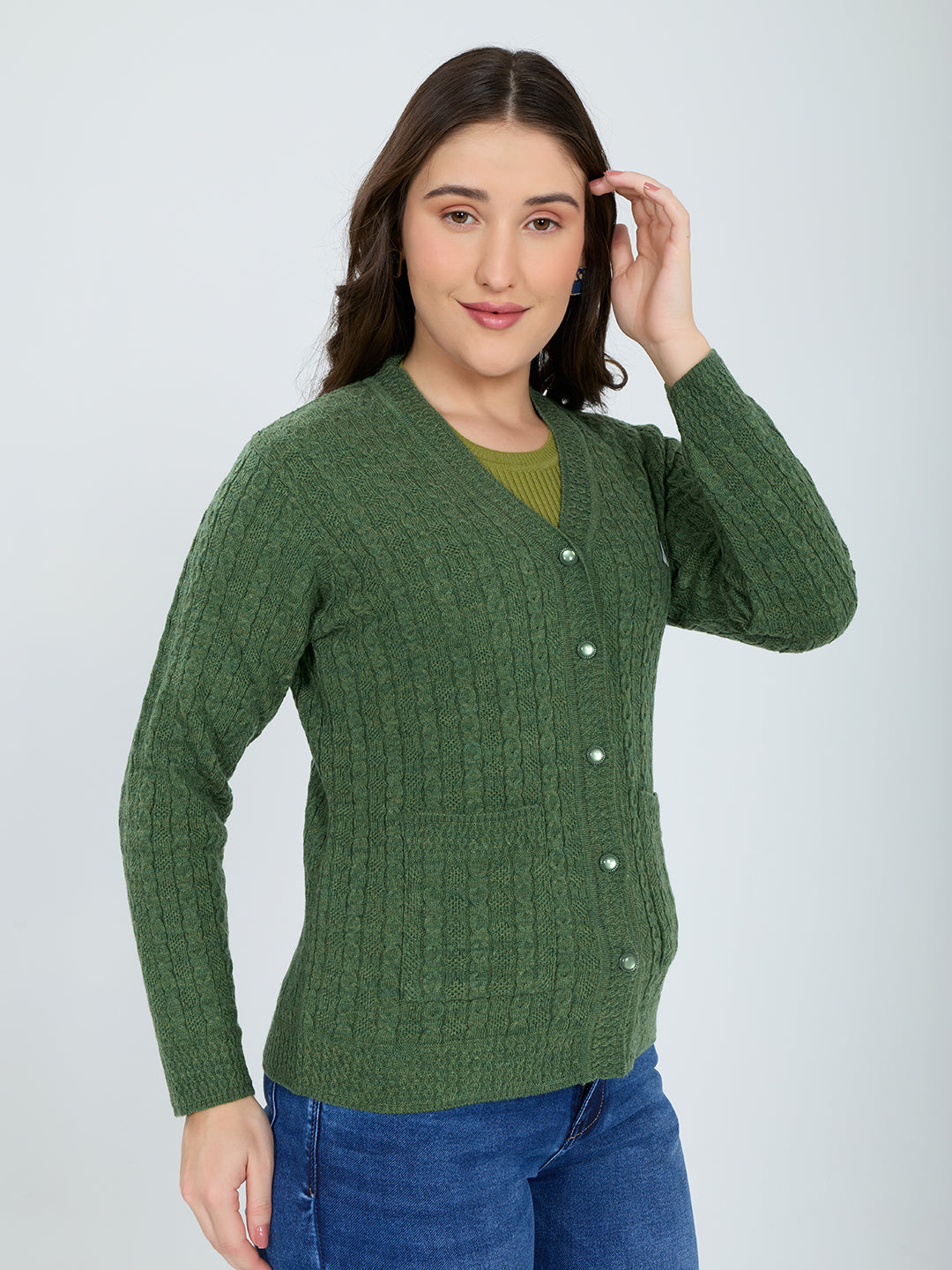 Women Green Self Design V Neck Full Sleeve Cardigan