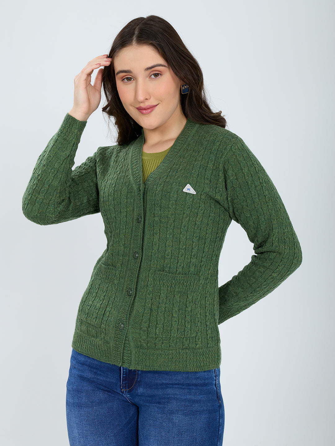 Women Green Self Design V Neck Full Sleeve Cardigan