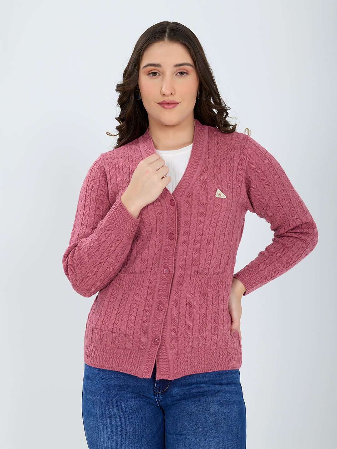 Women Pink Self Design V Neck Full Sleeve Cardigan