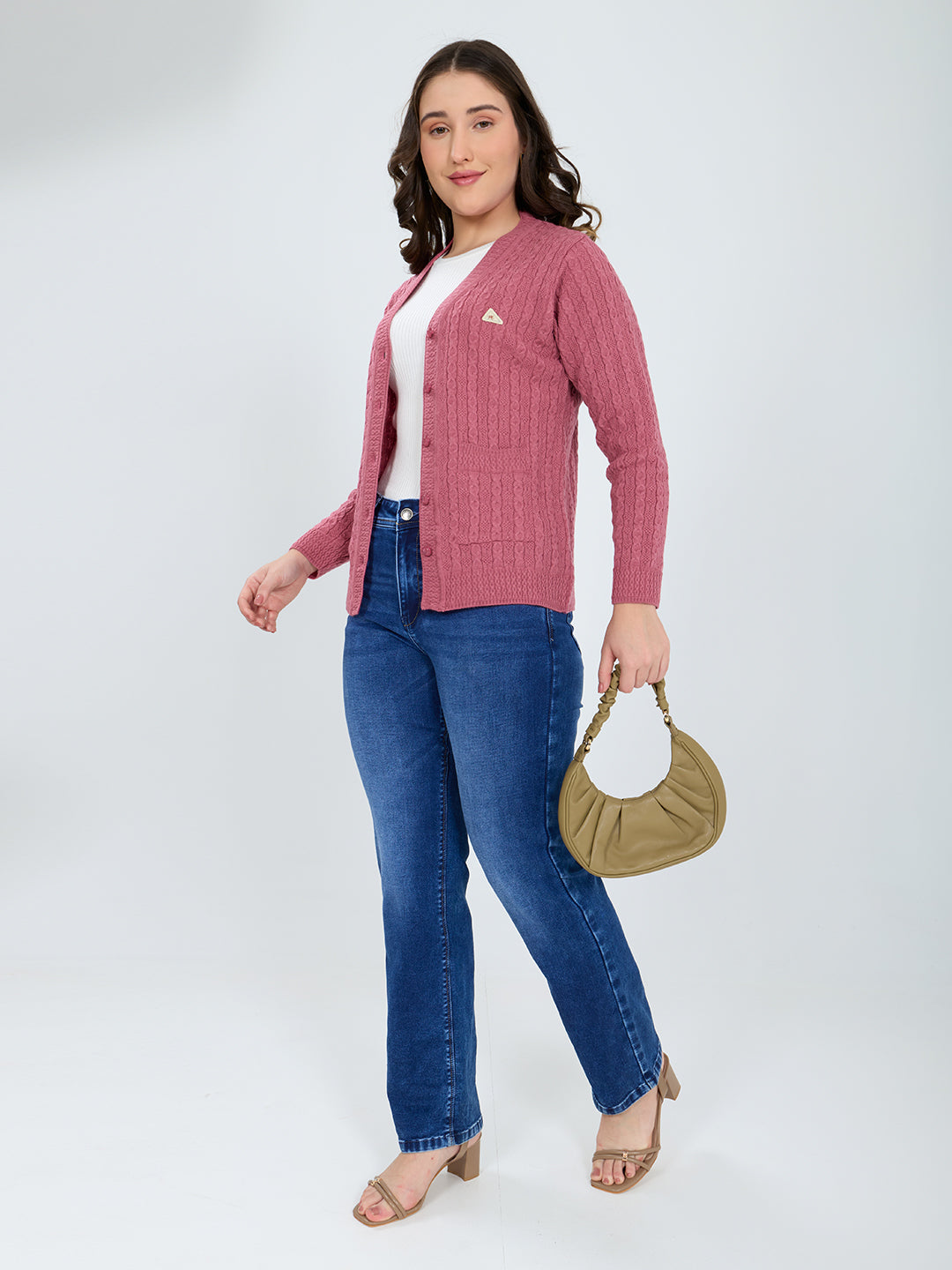 Women Pink Self Design V Neck Full Sleeve Cardigan