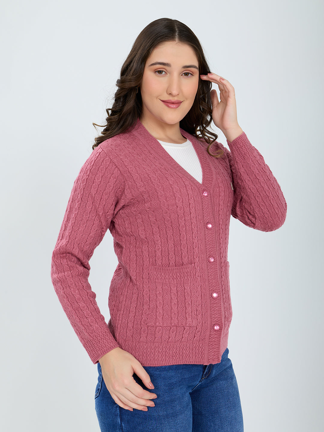 Women Pink Self Design V Neck Full Sleeve Cardigan
