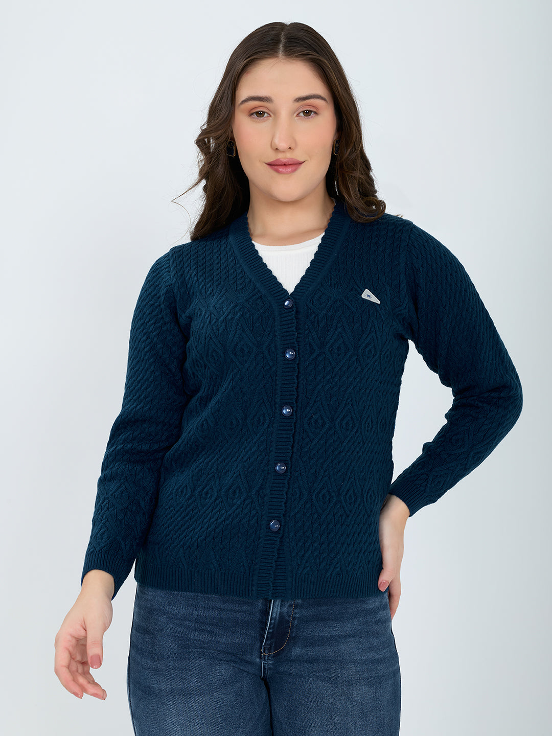 Women Blue Self Design V Neck Full Sleeve Cardigan