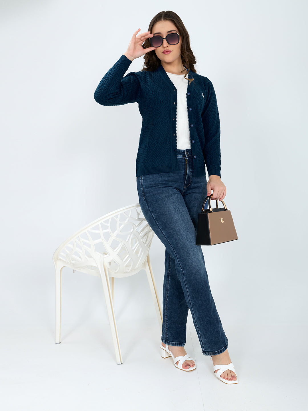 Women Blue Self Design V Neck Full Sleeve Cardigan