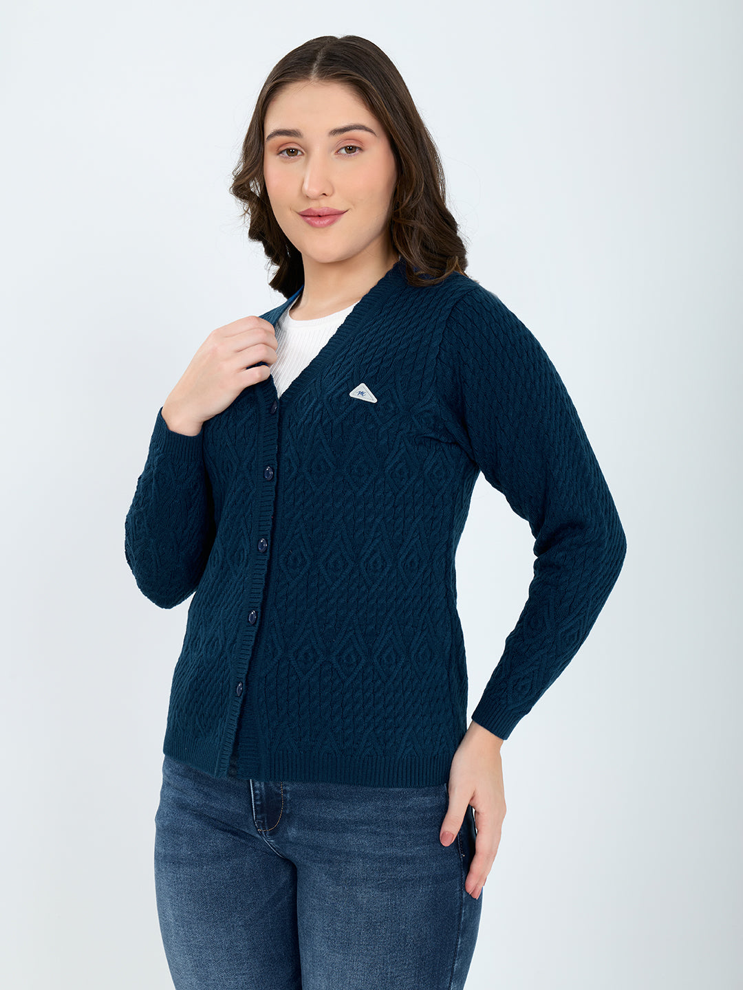 Women Blue Self Design V Neck Full Sleeve Cardigan