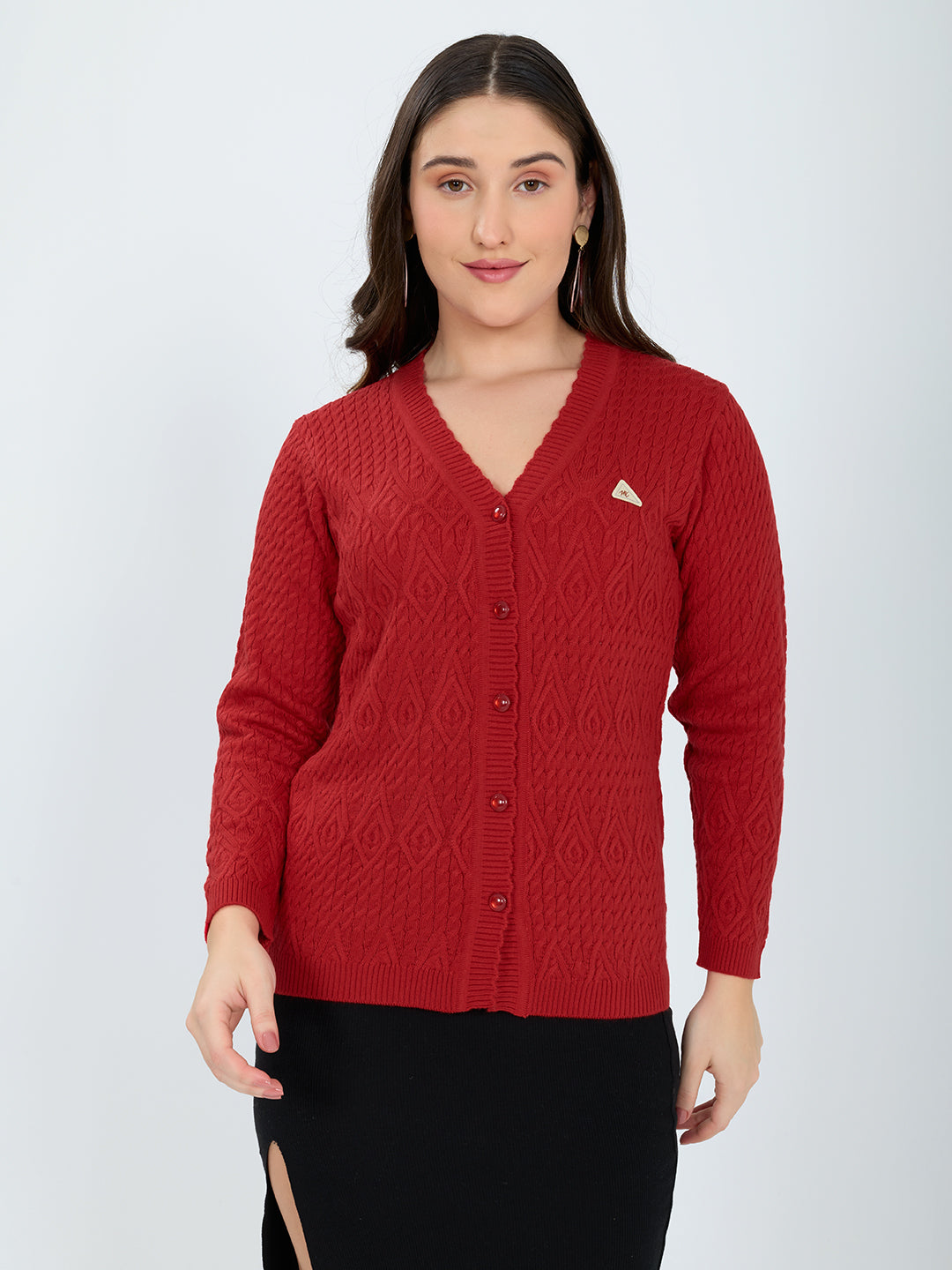 Women Red Self Design V Neck Full Sleeve Cardigan