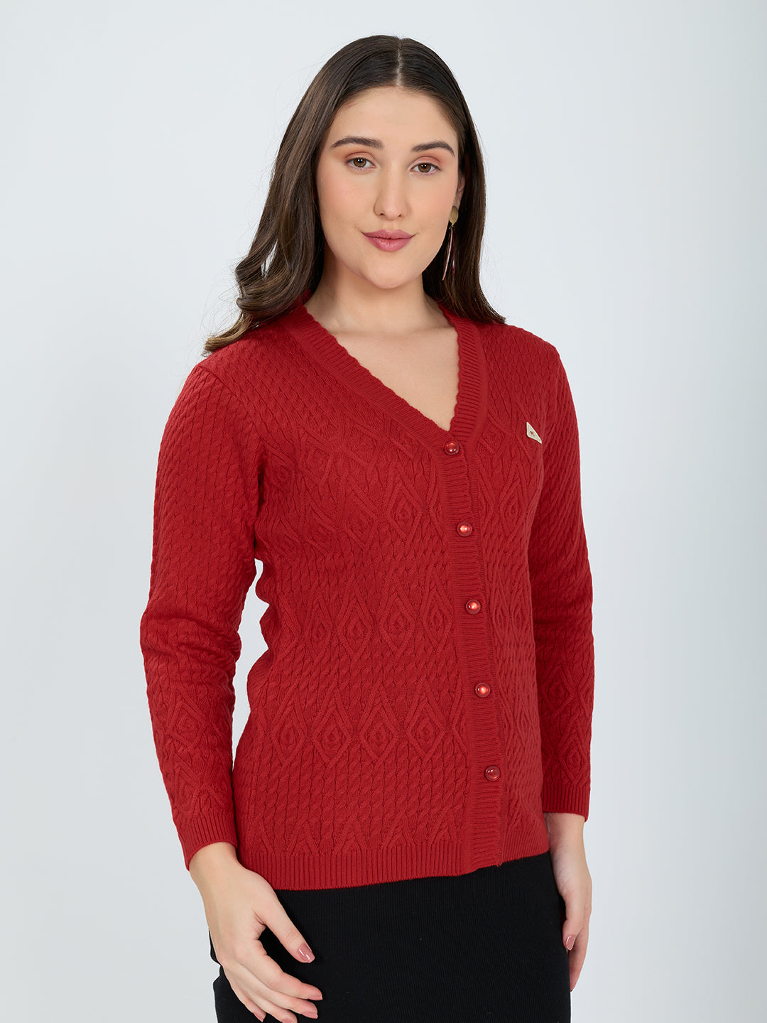 Women Red Self Design V Neck Full Sleeve Cardigan