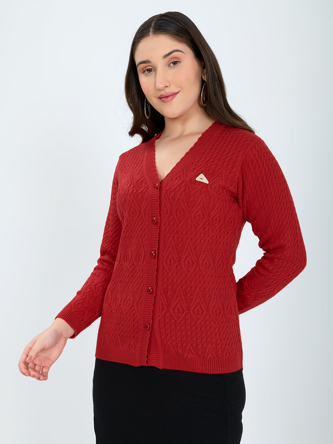 Women Red Self Design V Neck Full Sleeve Cardigan