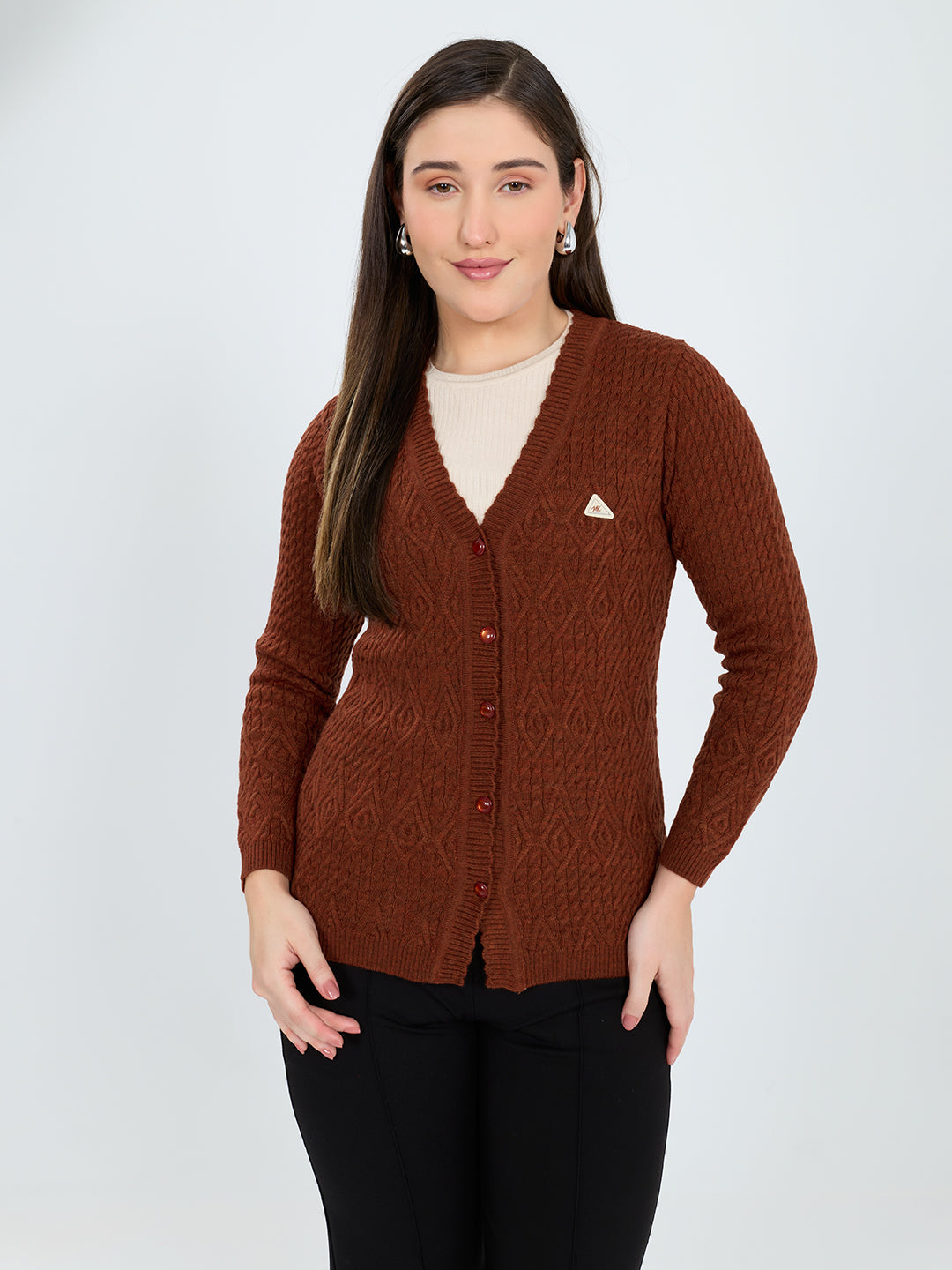 Women Rust Self Design V Neck Full Sleeve Cardigan