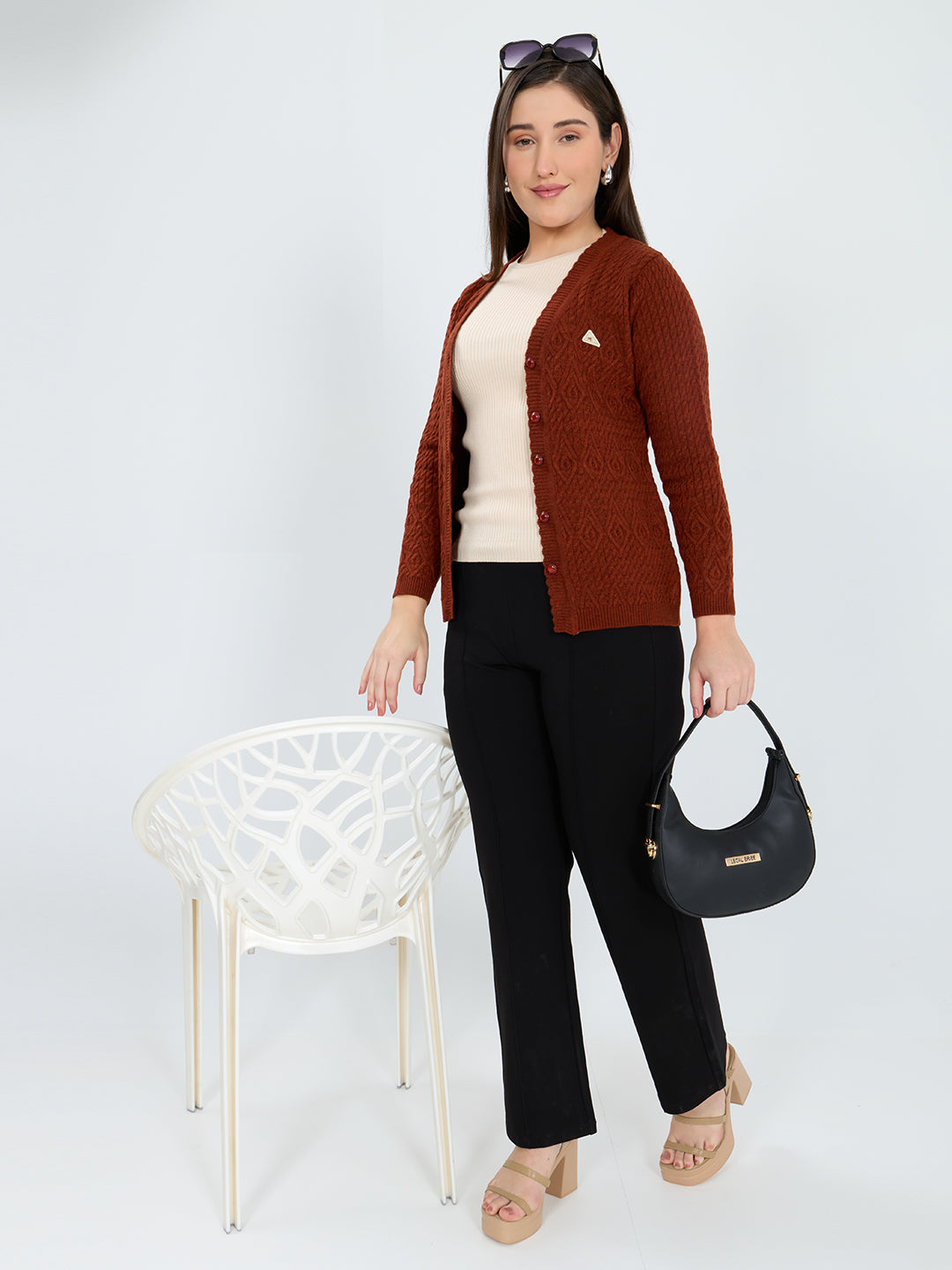 Women Rust Self Design V Neck Full Sleeve Cardigan
