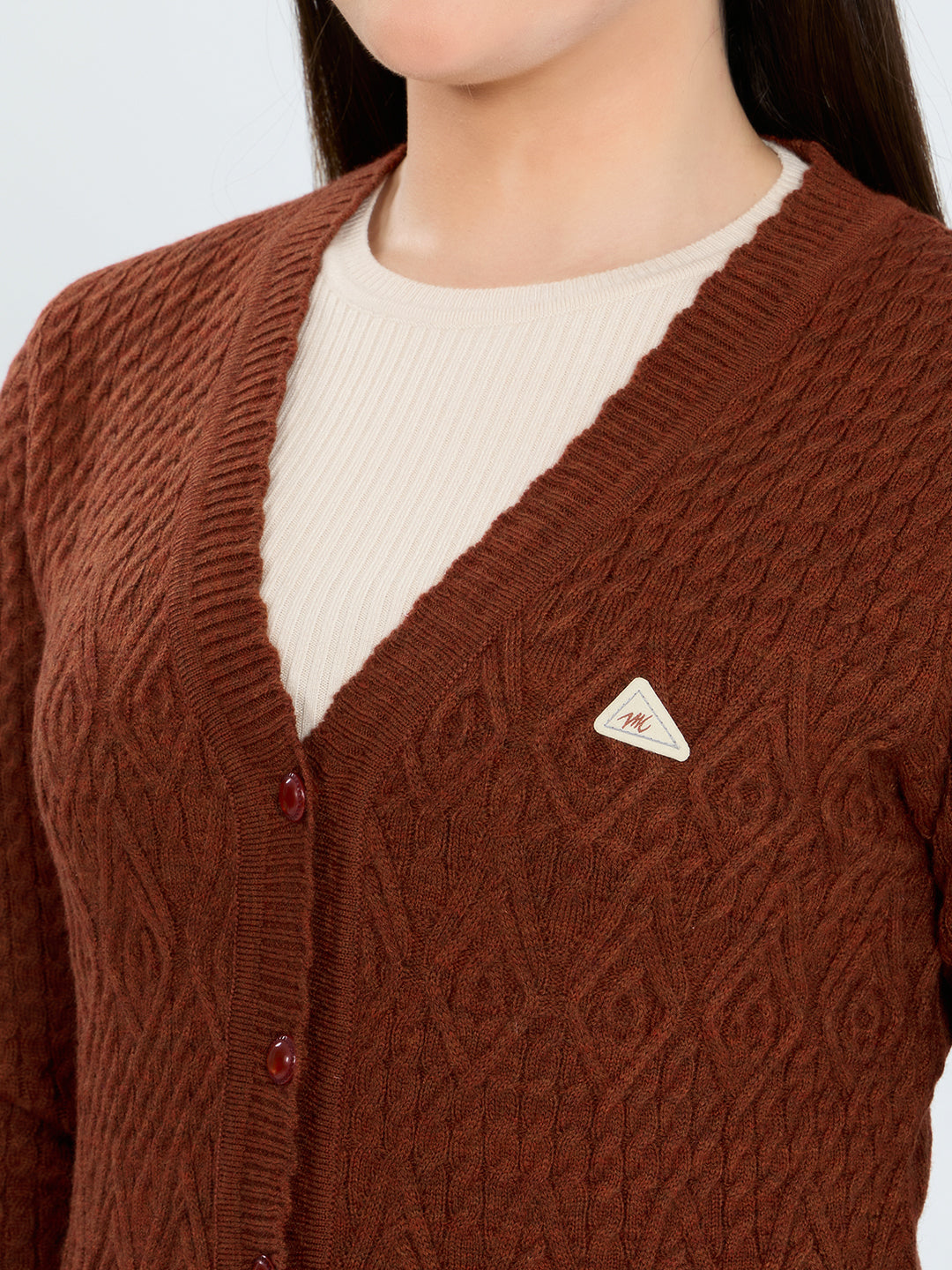 Women Rust Self Design V Neck Full Sleeve Cardigan