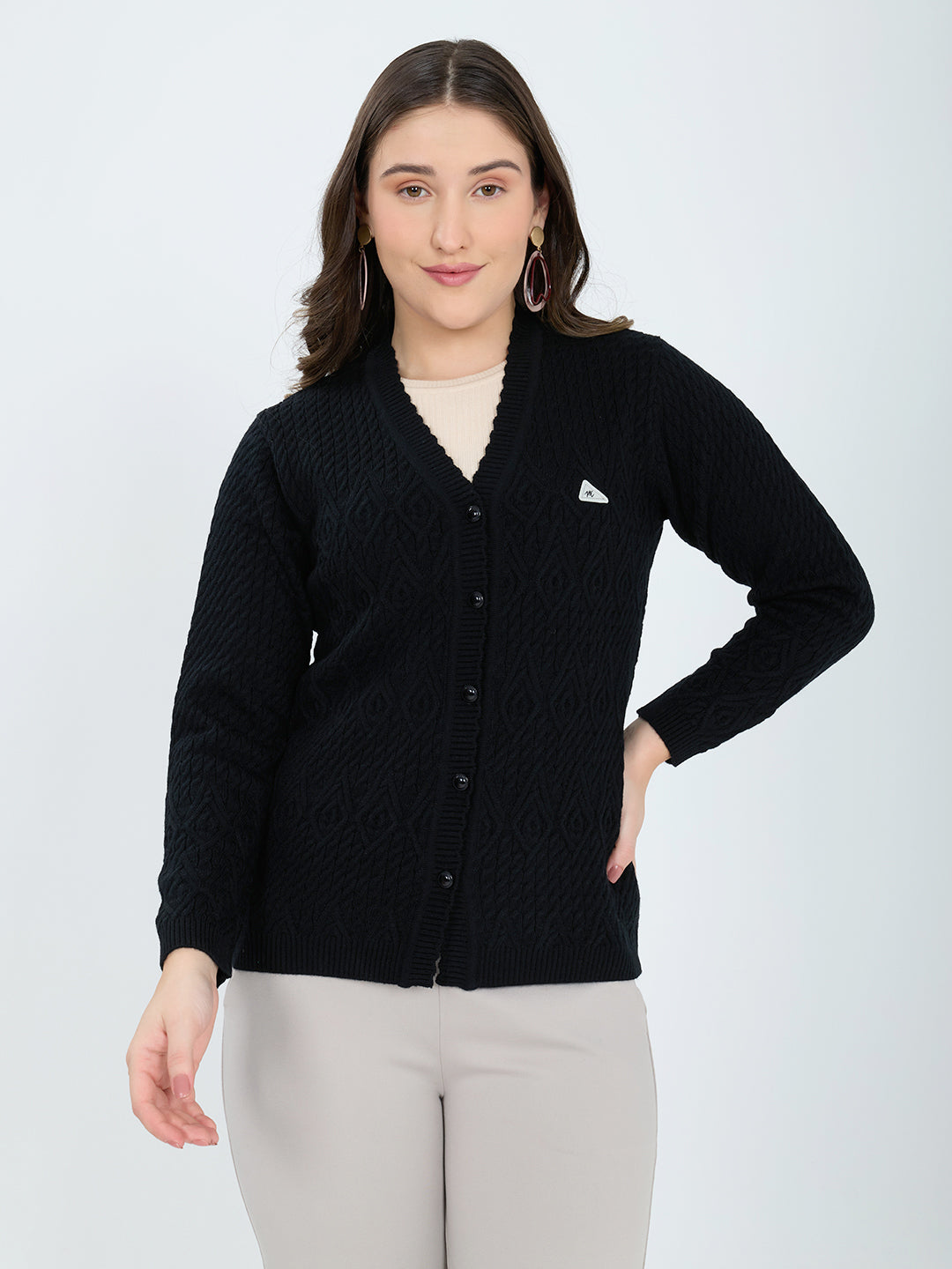 Women Black Self Design V Neck Full Sleeve Cardigan