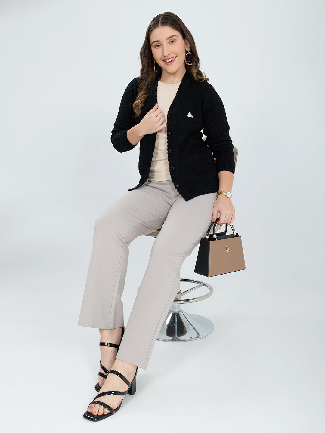 Women Black Self Design V Neck Full Sleeve Cardigan