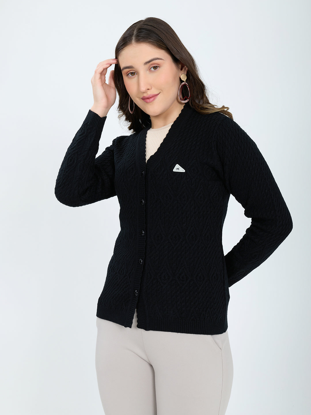 Women Black Self Design V Neck Full Sleeve Cardigan
