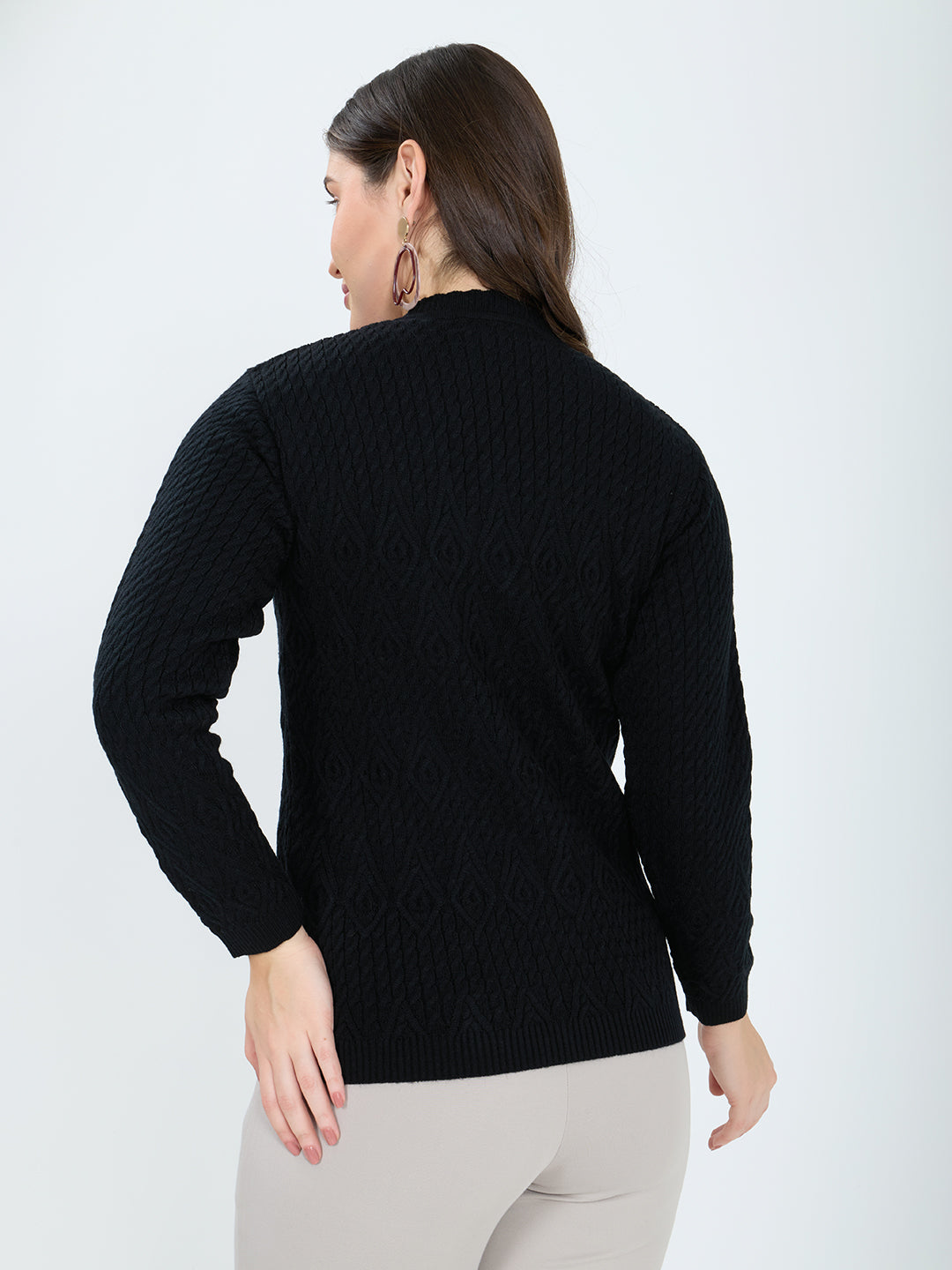 Women Black Self Design V Neck Full Sleeve Cardigan