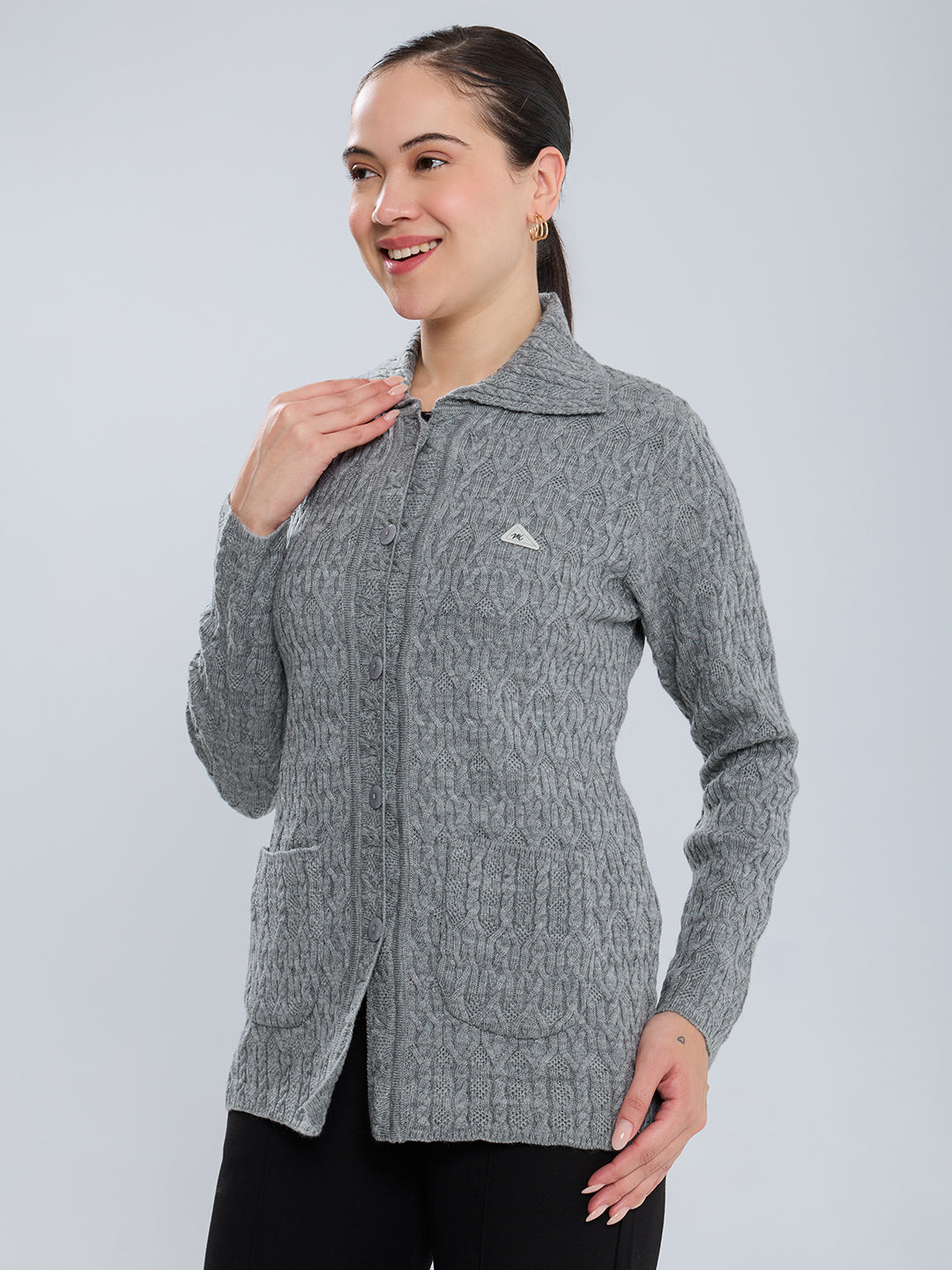 Women Grey Self Design Collar Full Sleeve Cardigan