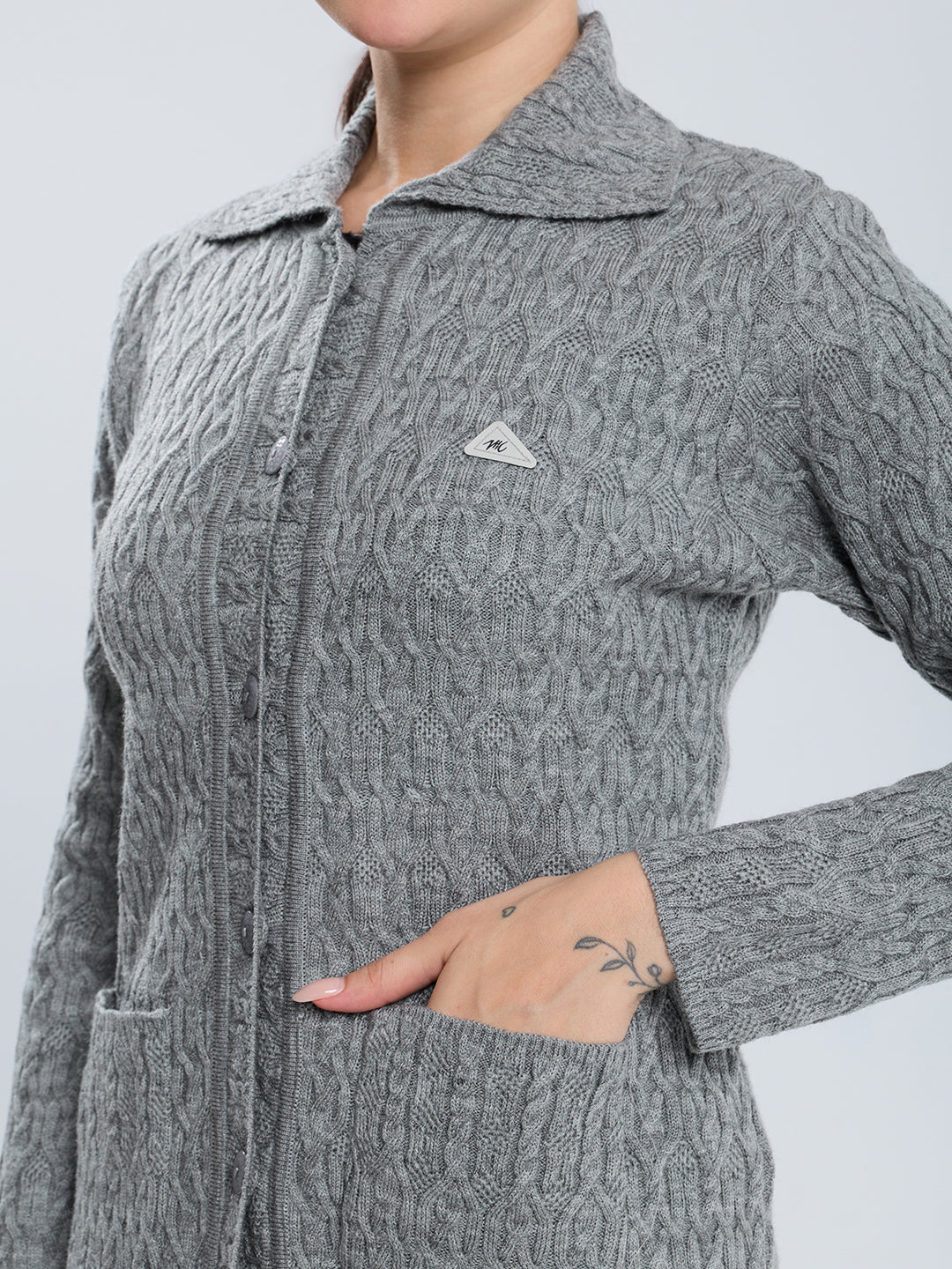 Women Grey Self Design Collar Full Sleeve Cardigan