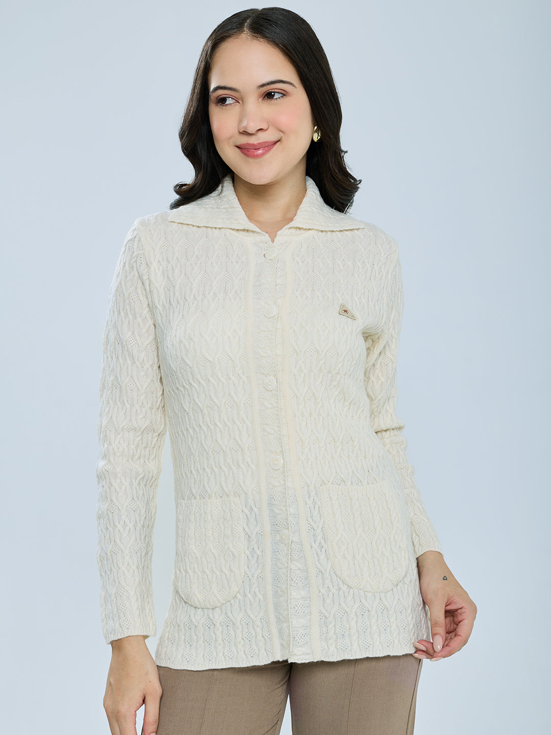 Women Cream Self Design Collar Full Sleeve Cardigan