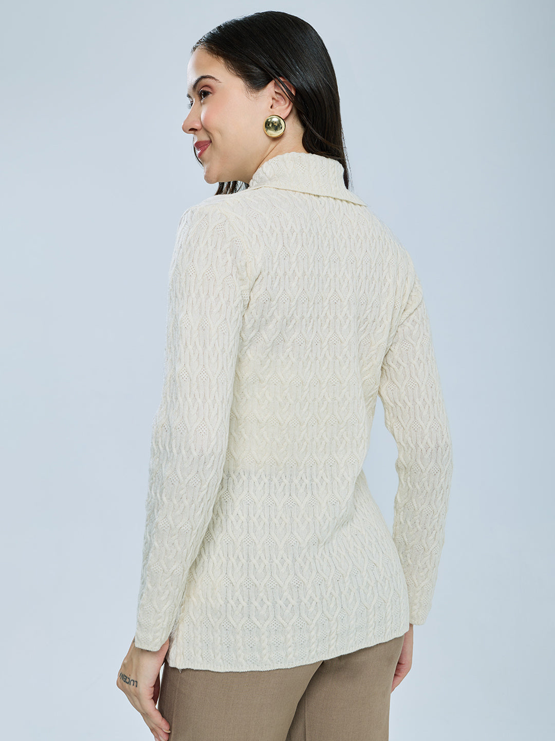 Women Cream Self Design Collar Full Sleeve Cardigan