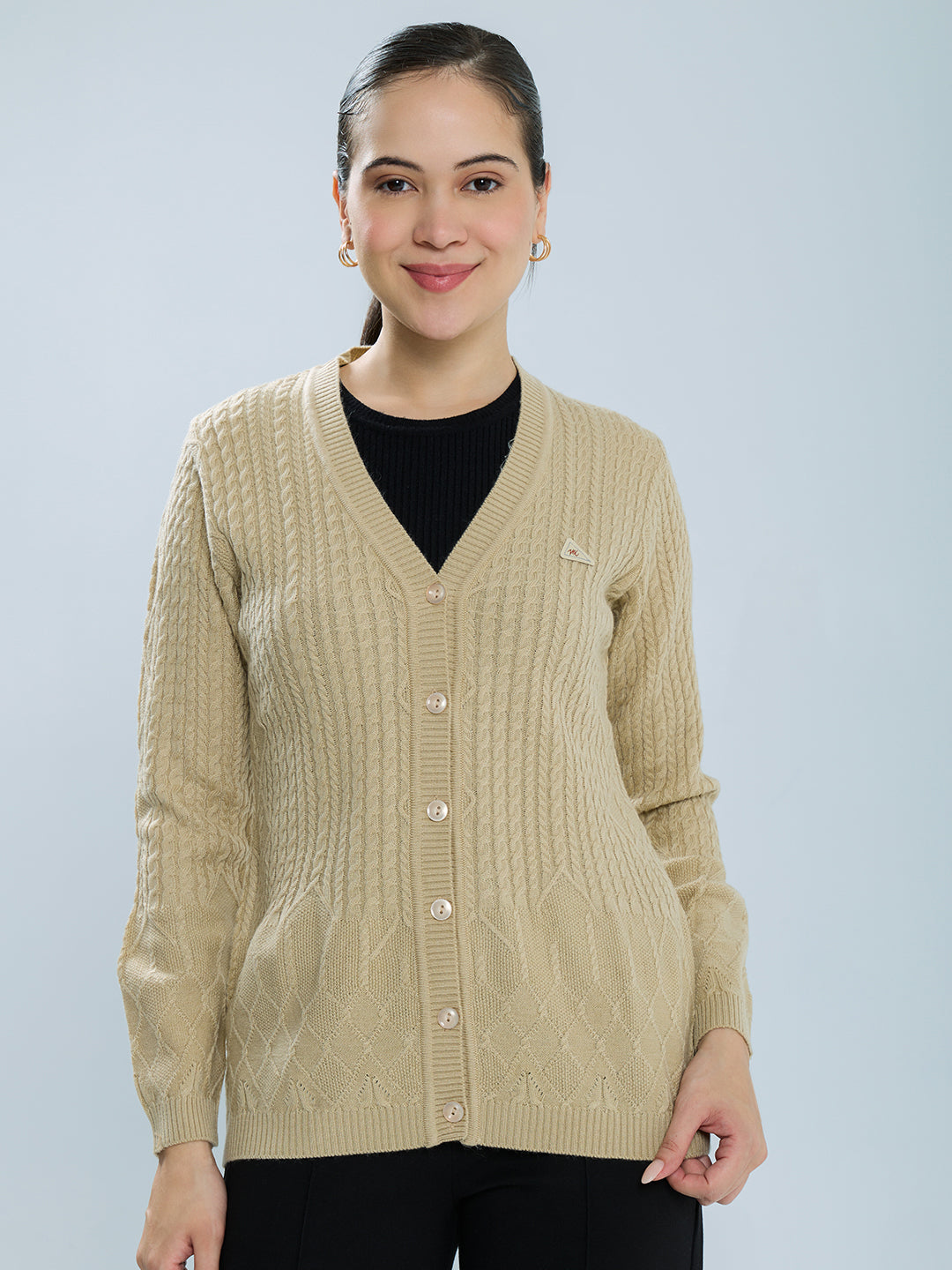 Women Camel Brown Self Design V Neck Full Sleeve Cardigan