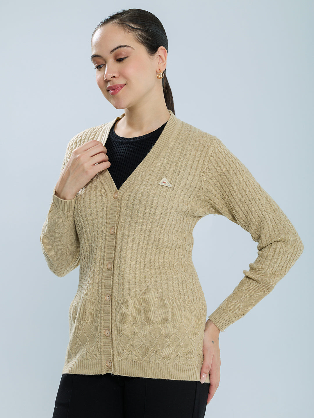 Women Camel Brown Self Design V Neck Full Sleeve Cardigan