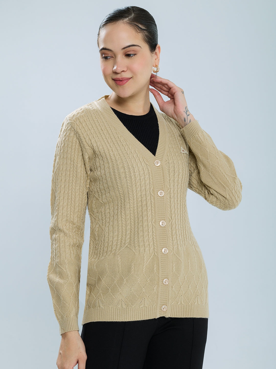Women Camel Brown Self Design V Neck Full Sleeve Cardigan