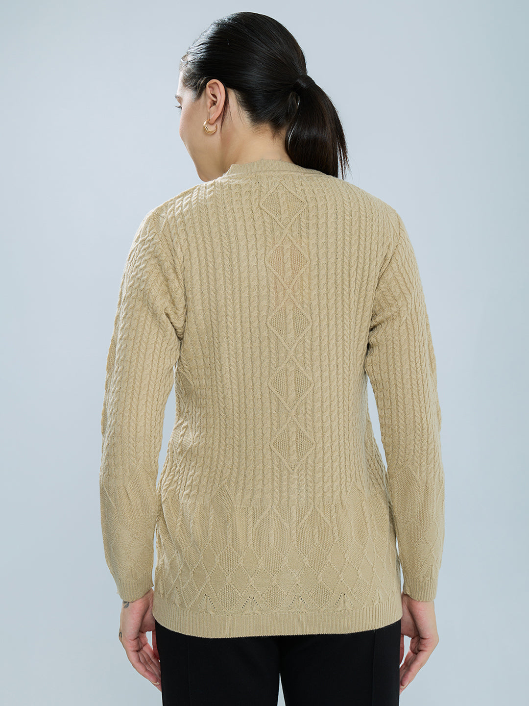 Women Camel Brown Self Design V Neck Full Sleeve Cardigan