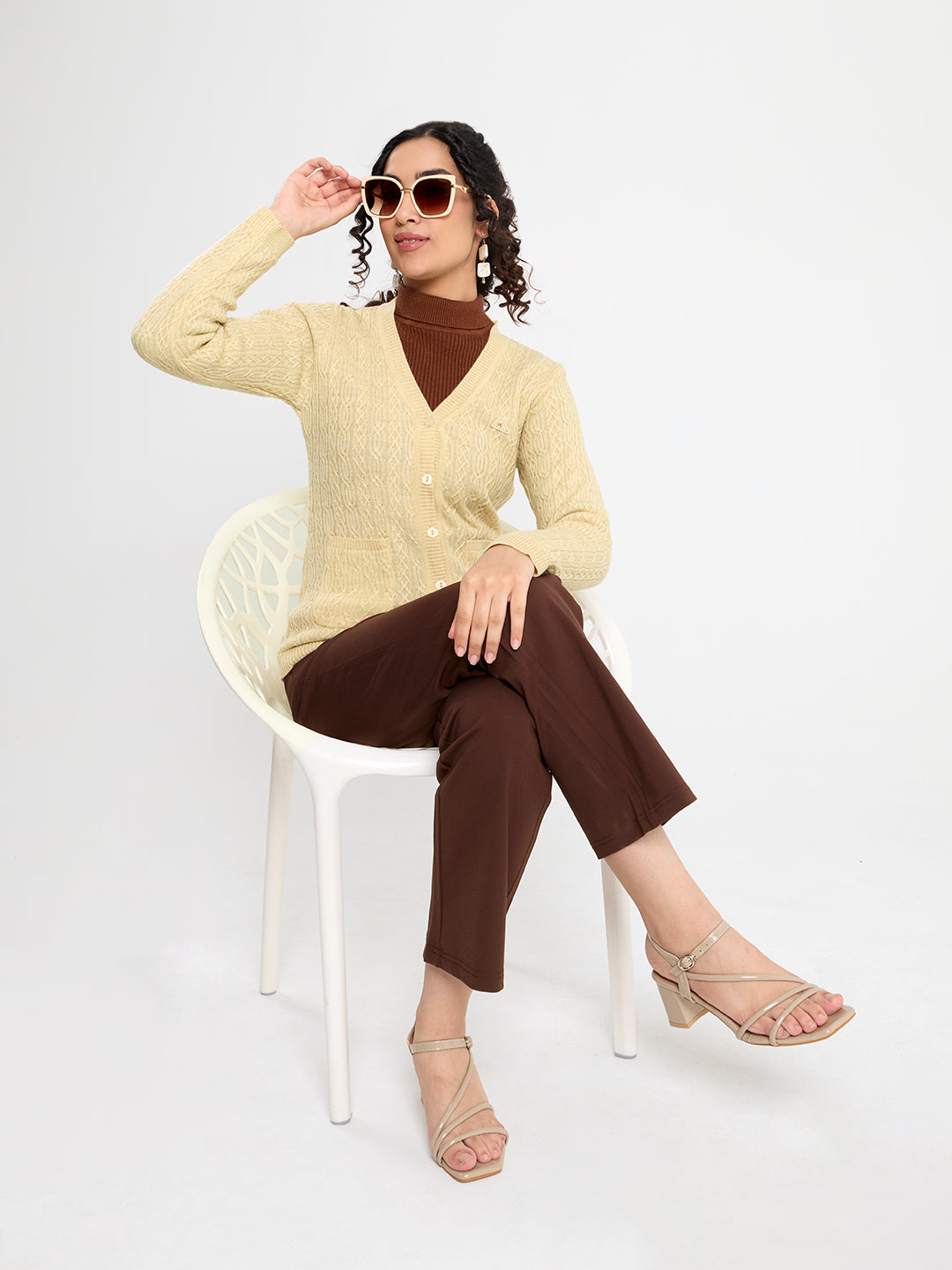 Women Beige Self Design V Neck Full Sleeve Cardigan
