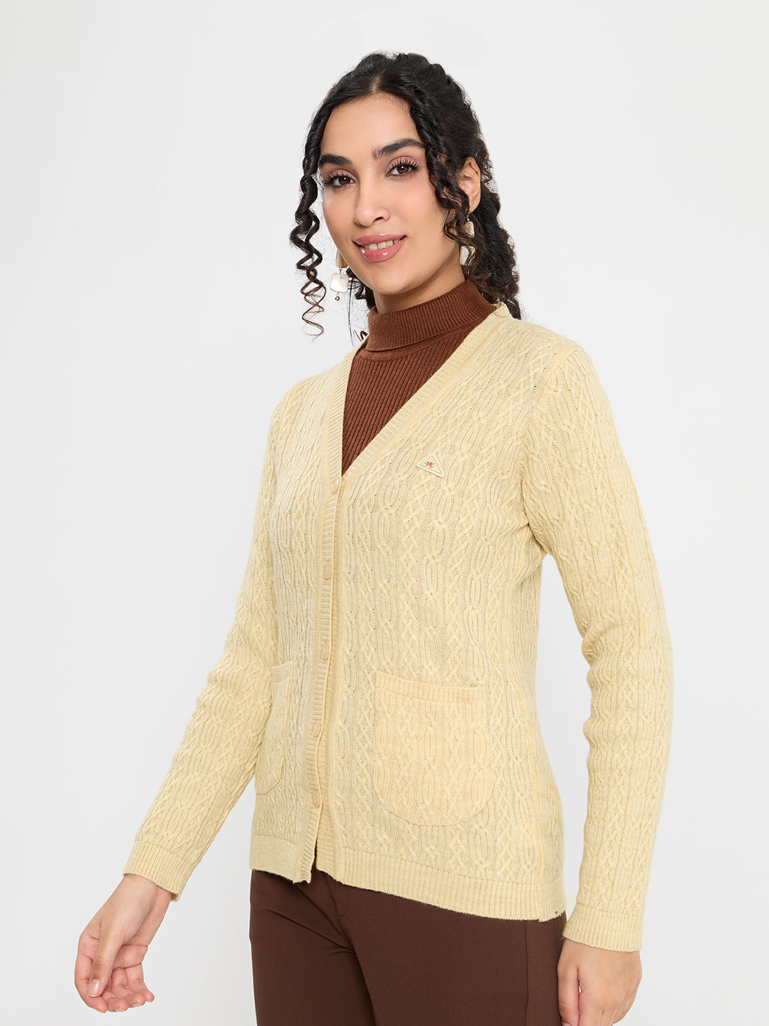 Women Beige Self Design V Neck Full Sleeve Cardigan