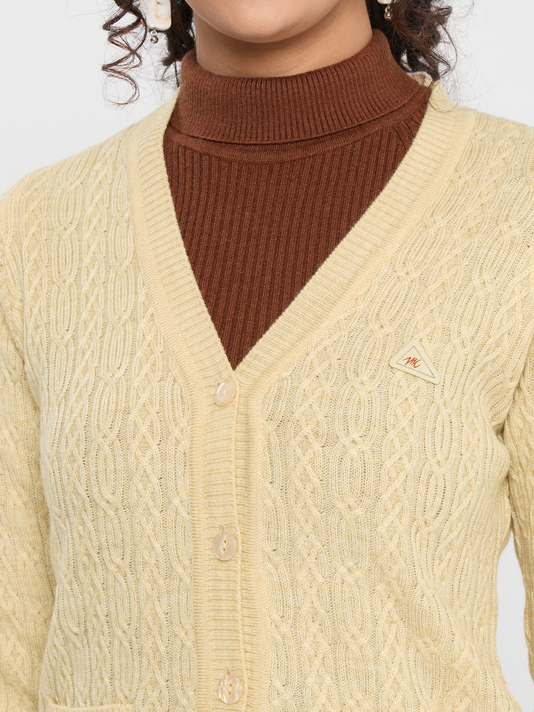 Women Beige Self Design V Neck Full Sleeve Cardigan