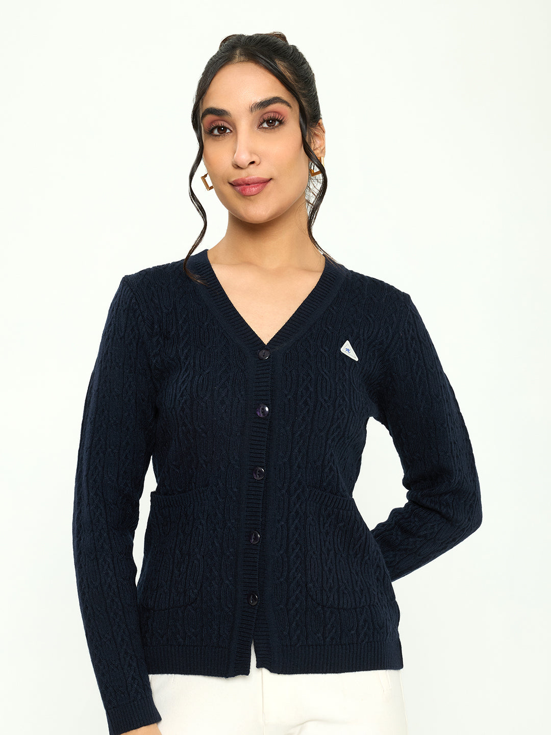 Women Navy Blue Self Design V Neck Full Sleeve Cardigan