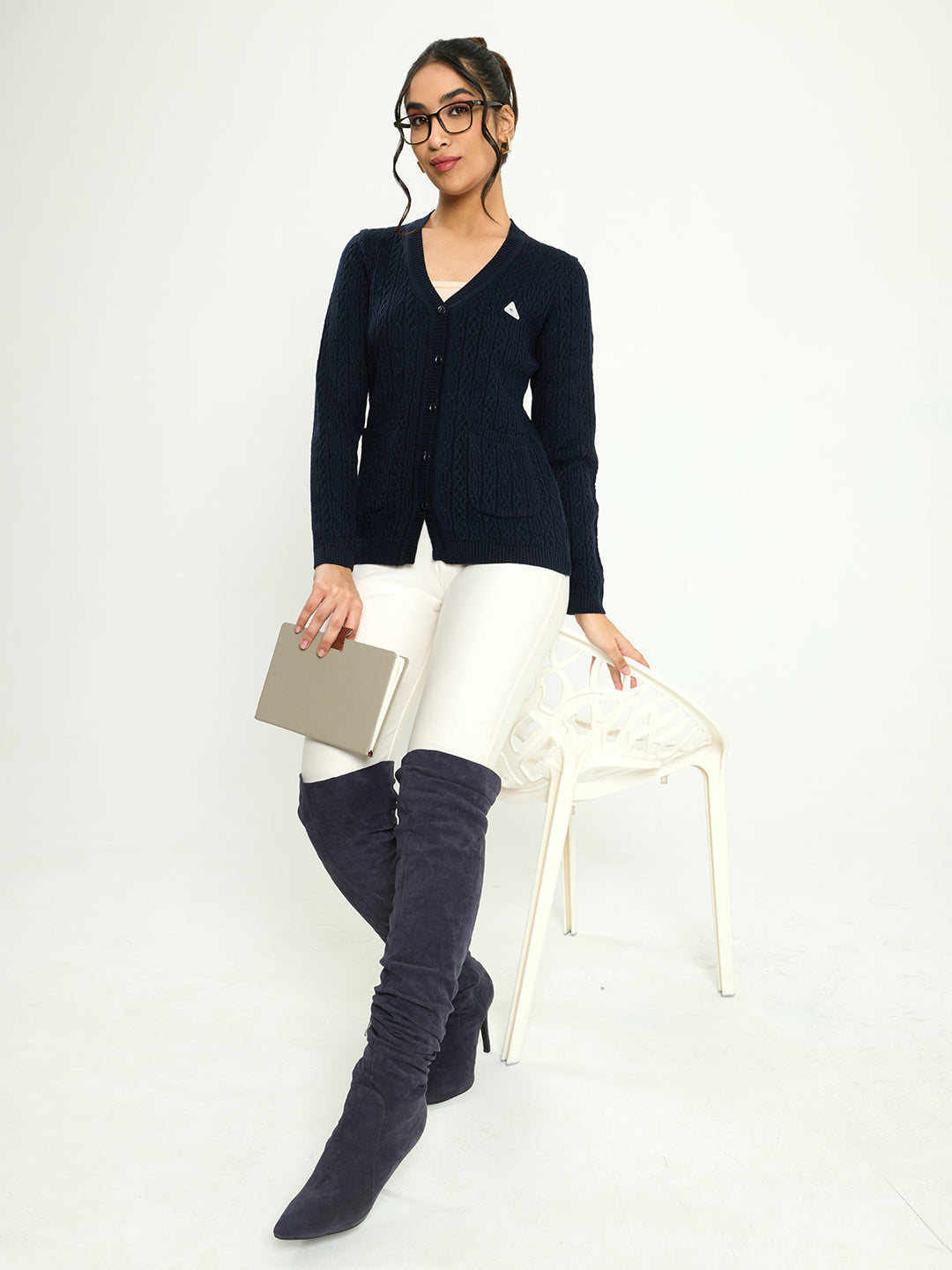 Women Navy Blue Self Design V Neck Full Sleeve Cardigan