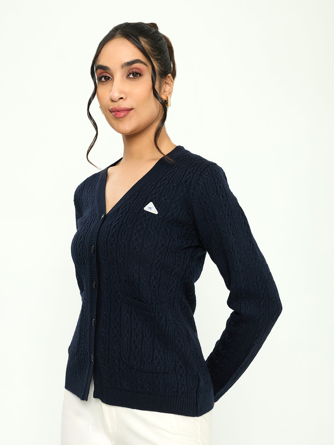 Women Navy Blue Self Design V Neck Full Sleeve Cardigan
