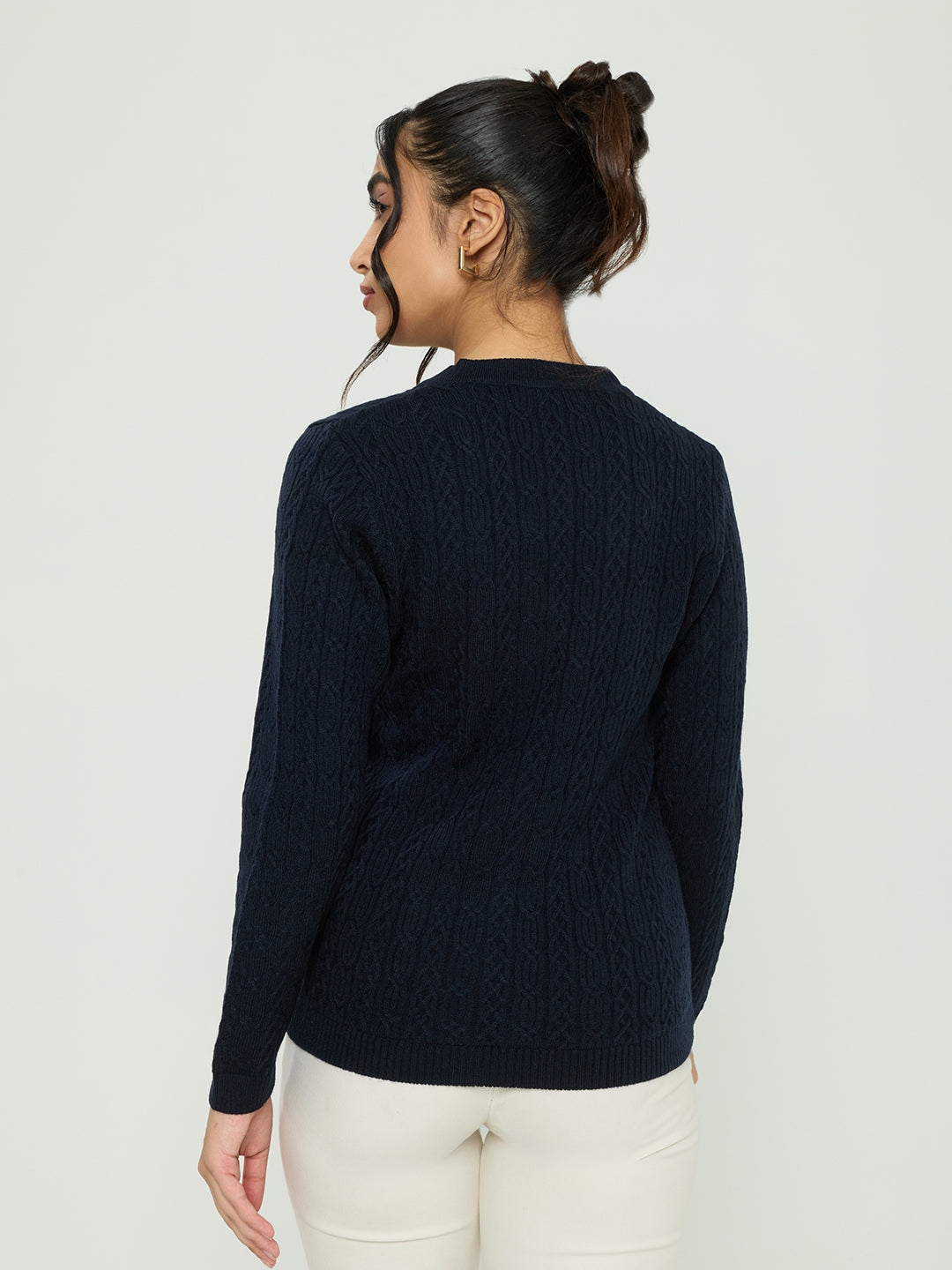 Women Navy Blue Self Design V Neck Full Sleeve Cardigan