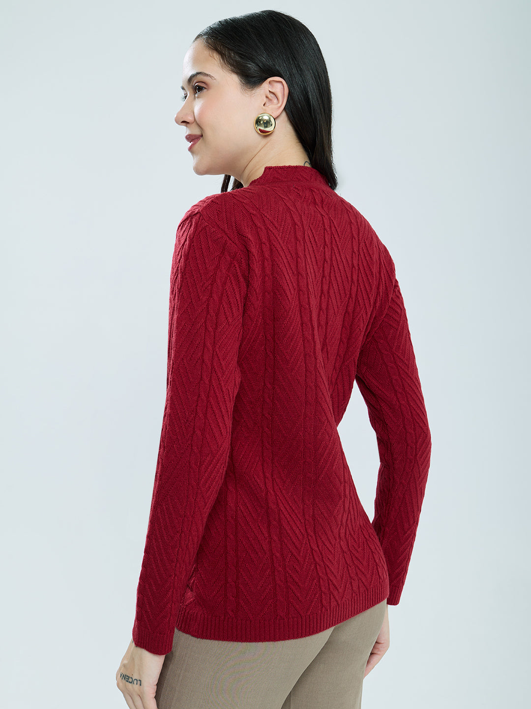 Women Red Self Design V Neck Full Sleeve Cardigan