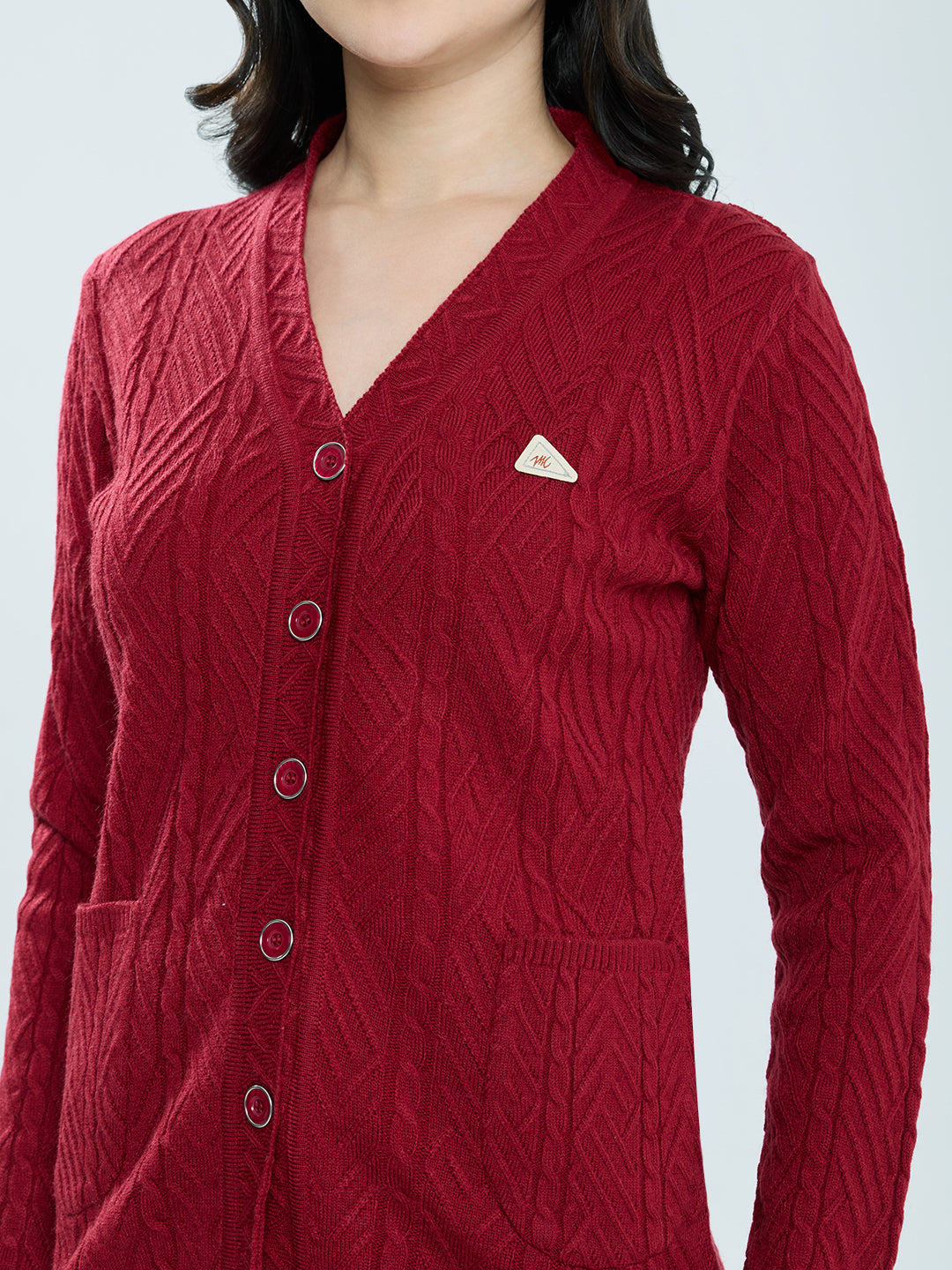 Women Red Self Design V Neck Full Sleeve Cardigan