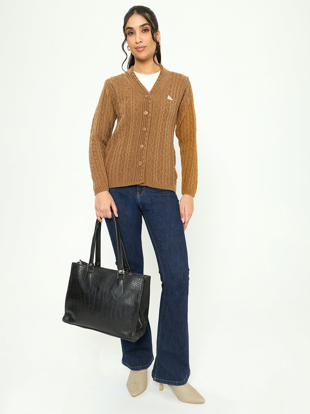 Women Mustard Self Design V Neck Full Sleeve Cardigan