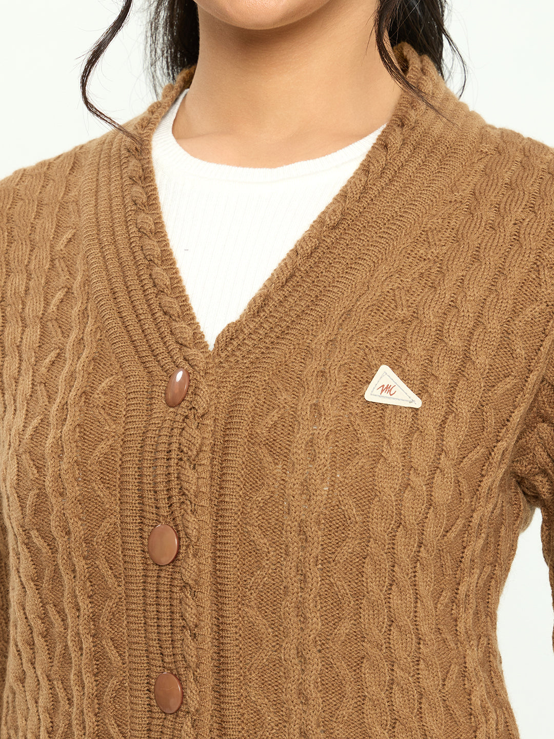 Women Mustard Self Design V Neck Full Sleeve Cardigan