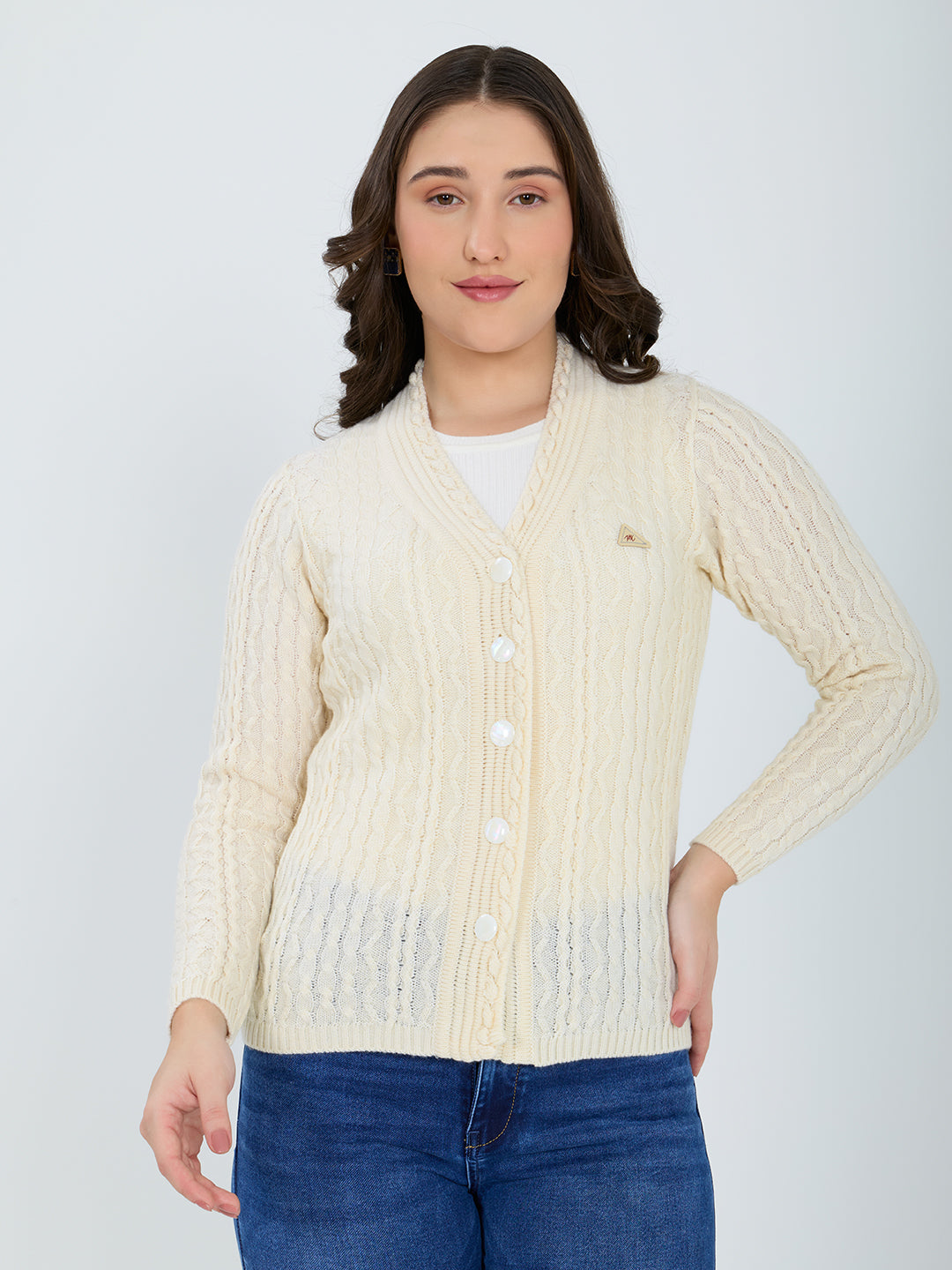 Women Off White Self Design V Neck Full Sleeve Cardigan
