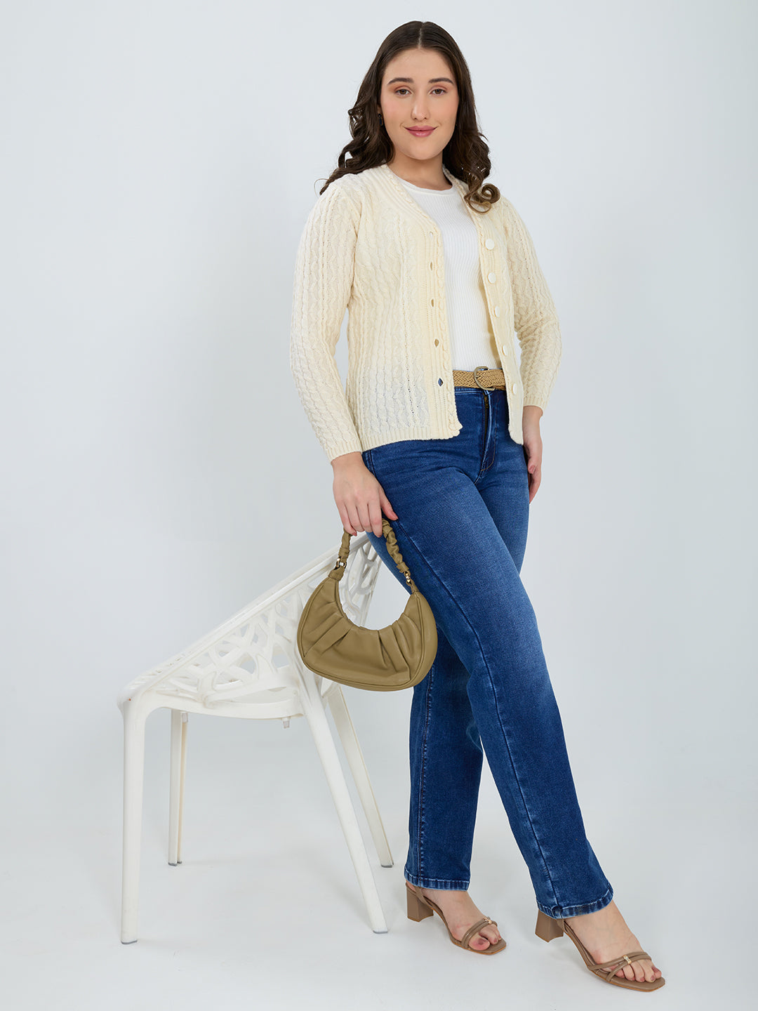 Women Off White Self Design V Neck Full Sleeve Cardigan
