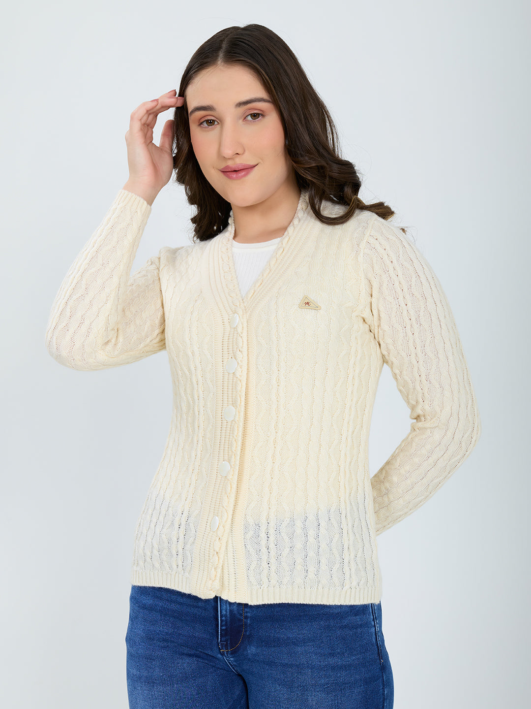 Women Off White Self Design V Neck Full Sleeve Cardigan