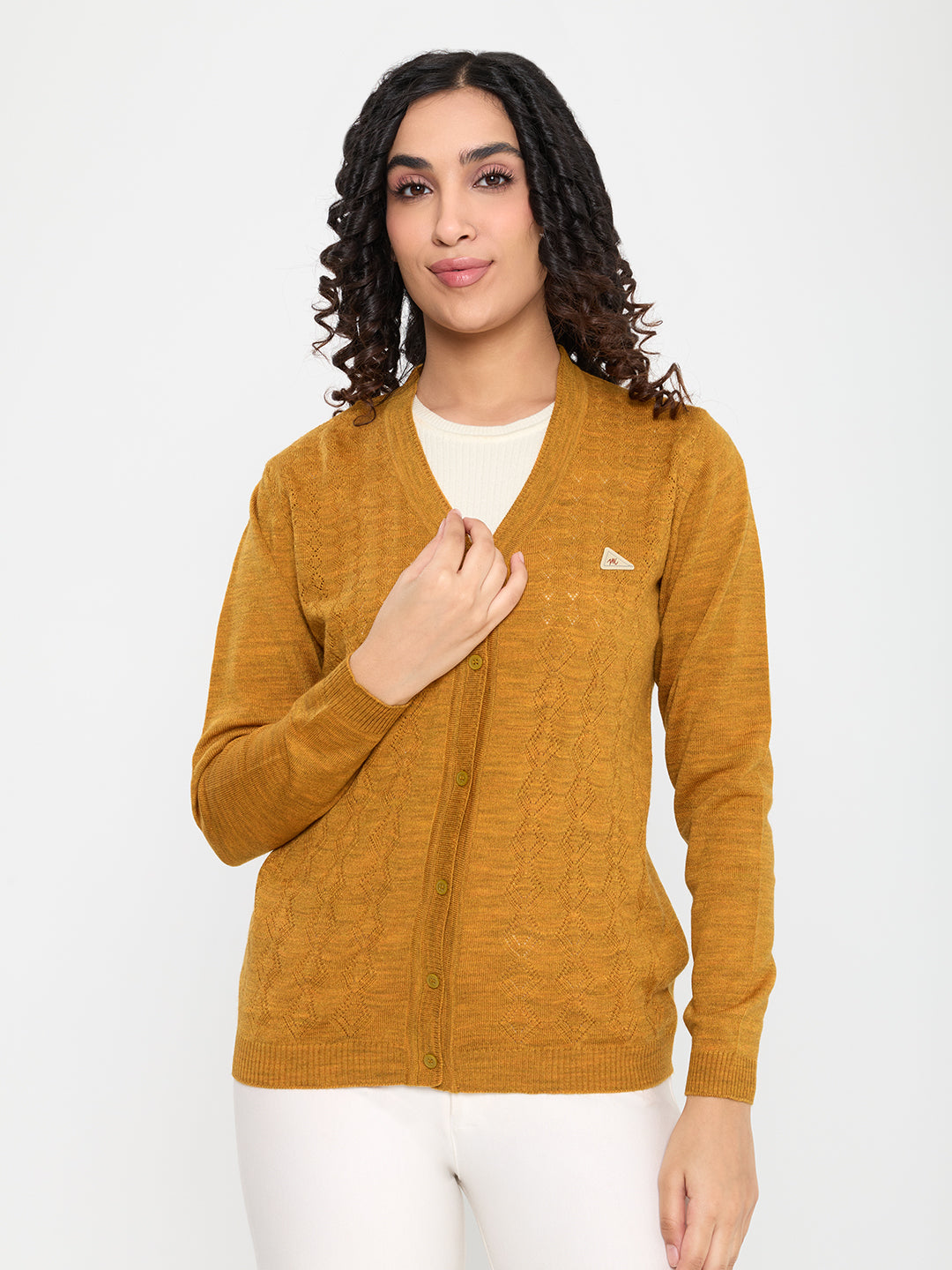 Women Gold Self Design V Neck Full Sleeve Cardigan