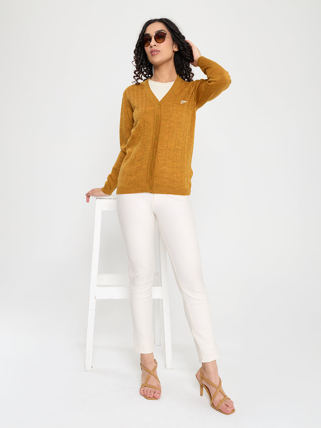 Women Gold Self Design V Neck Full Sleeve Cardigan
