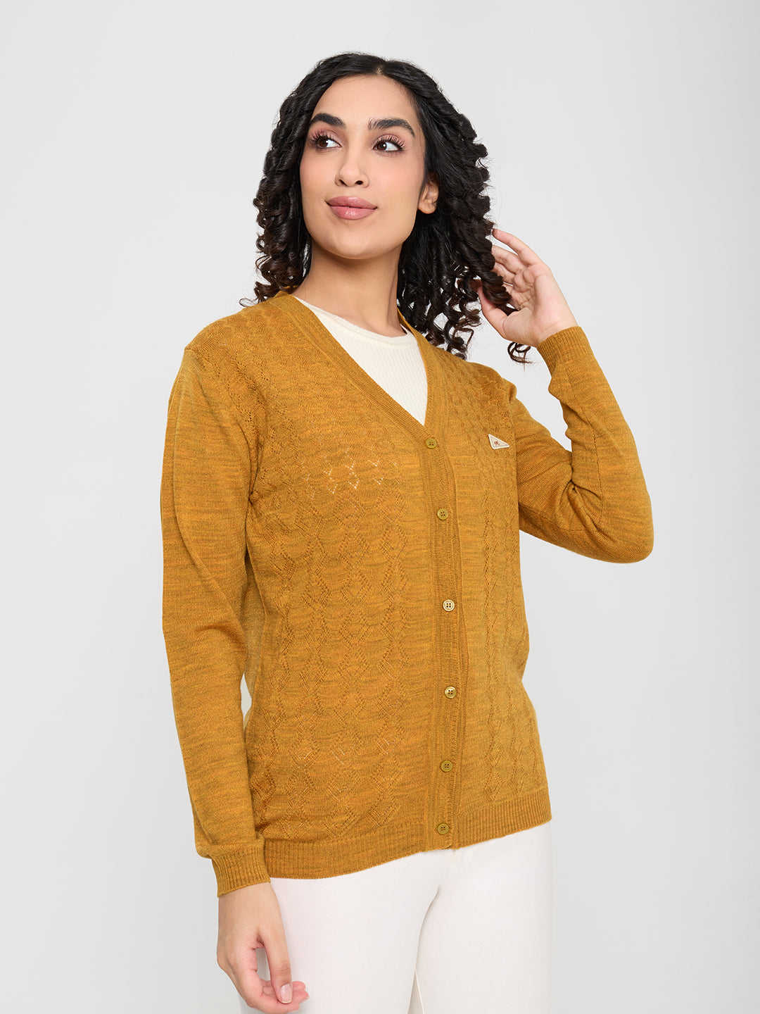 Women Gold Self Design V Neck Full Sleeve Cardigan