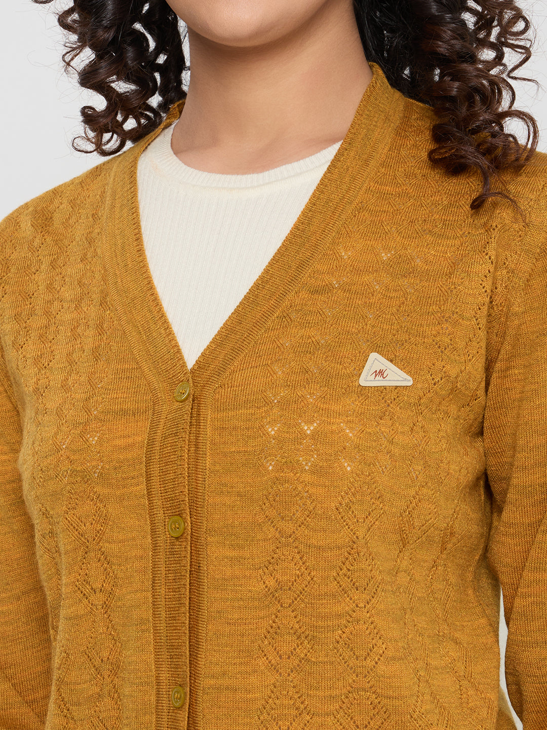 Women Gold Self Design V Neck Full Sleeve Cardigan