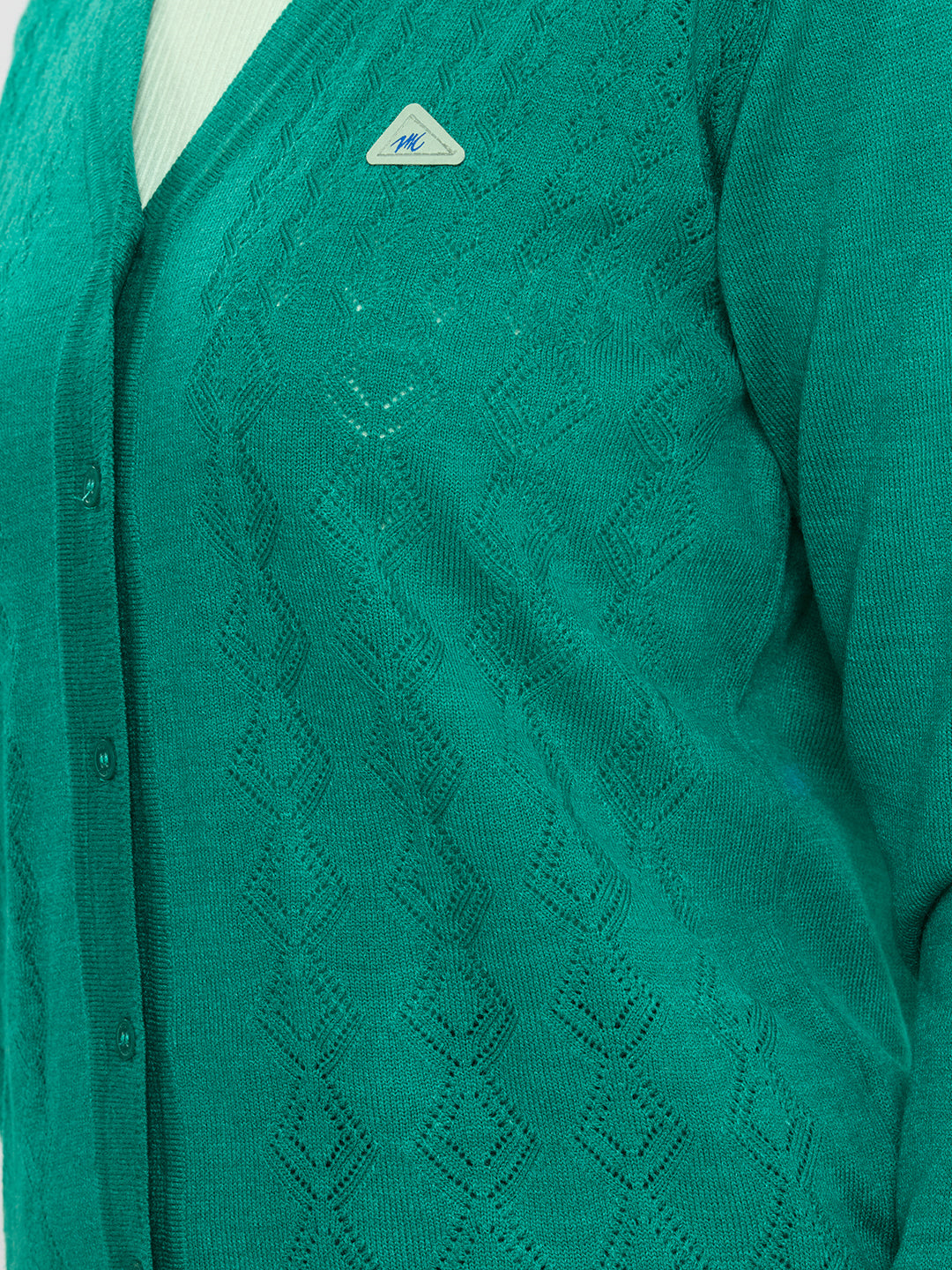 Women Green Self Design V Neck Full Sleeve Cardigan