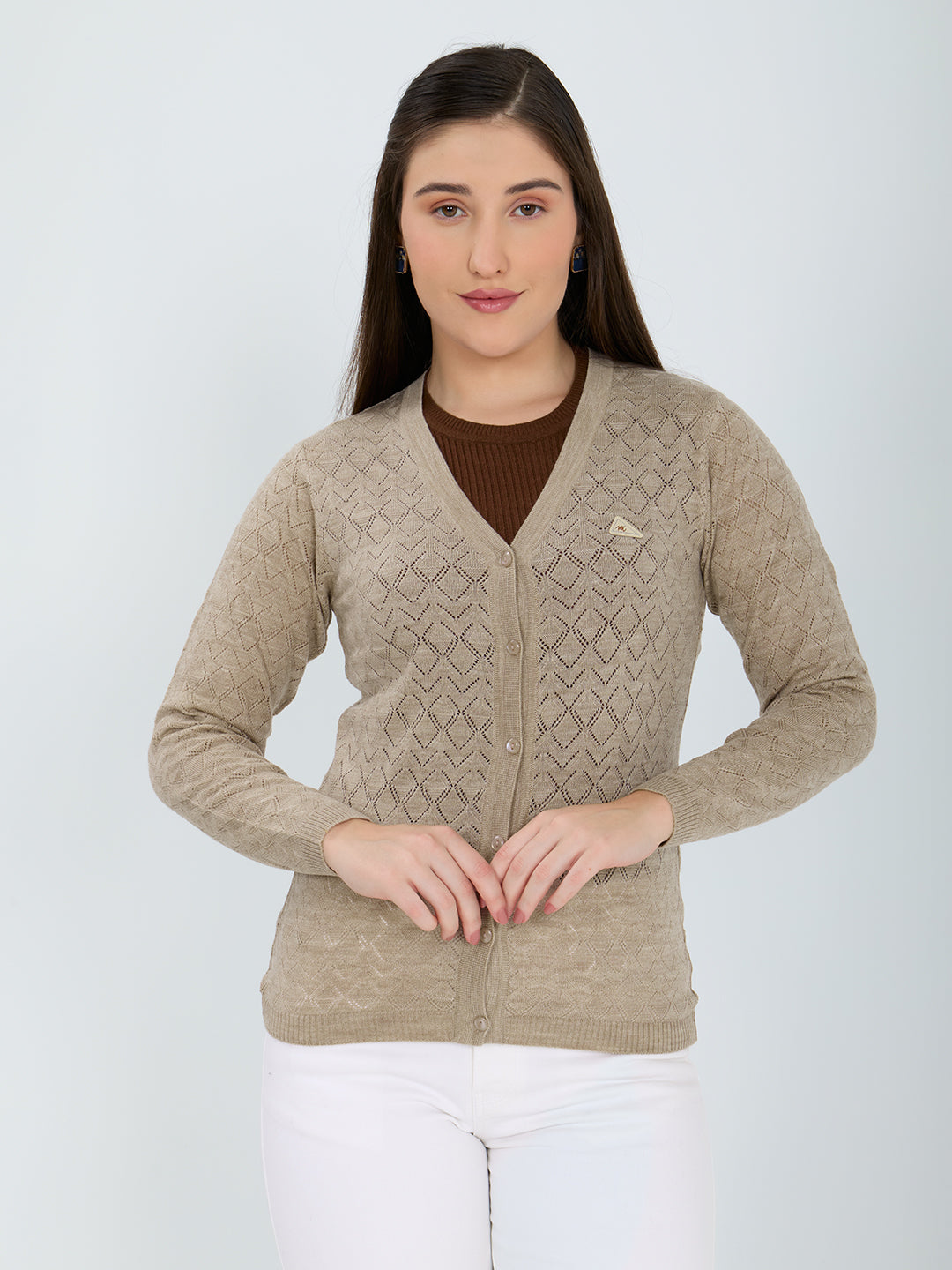Women Beige Self Design V Neck Full Sleeve Cardigan
