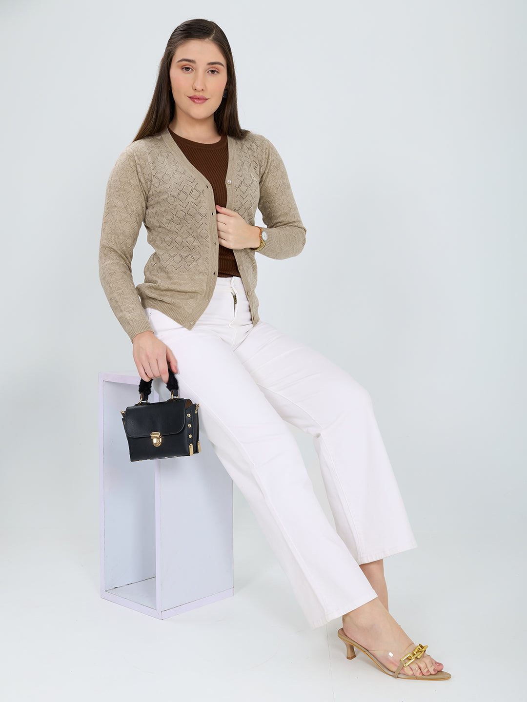 Women Beige Self Design V Neck Full Sleeve Cardigan