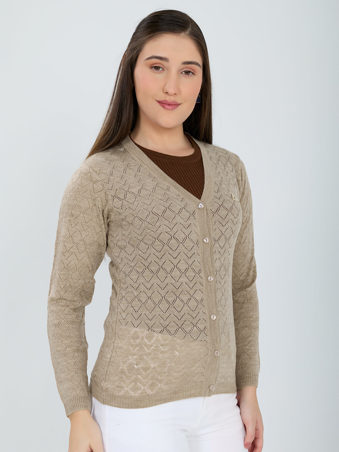 Women Beige Self Design V Neck Full Sleeve Cardigan