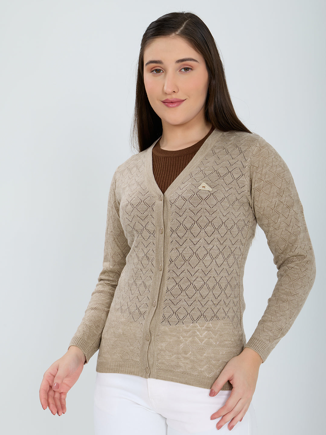 Women Beige Self Design V Neck Full Sleeve Cardigan