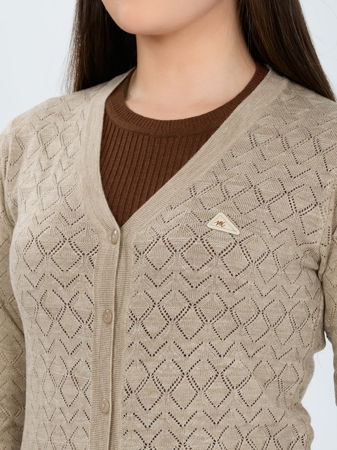 Women Beige Self Design V Neck Full Sleeve Cardigan